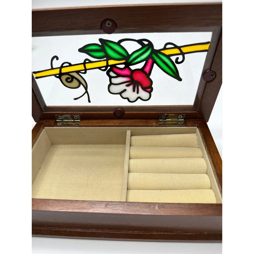 Kellerman Jewel Chest Wooden Hinged Lid Stained Glass Snail‎ Flower Art 0774
